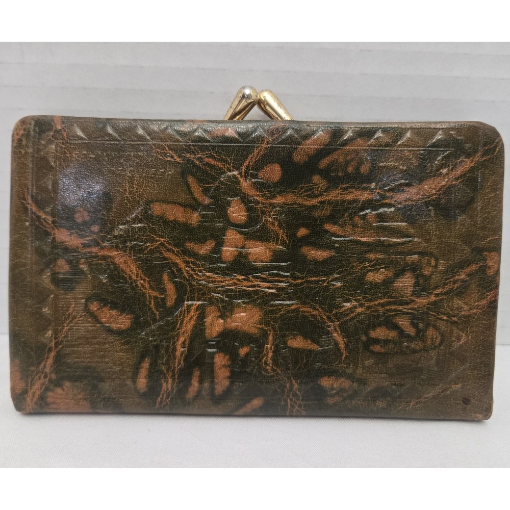 Vtg 70s Egyptian Camel Leather Trifold Wallet Purse Gold Embossed Pharaonic Art - Picture 3 of 13